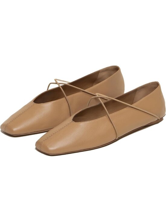 Shoes - Women's Square Toe Ballet Flats Tan Criss-Cross Straps Slip On Mary Jane Flat